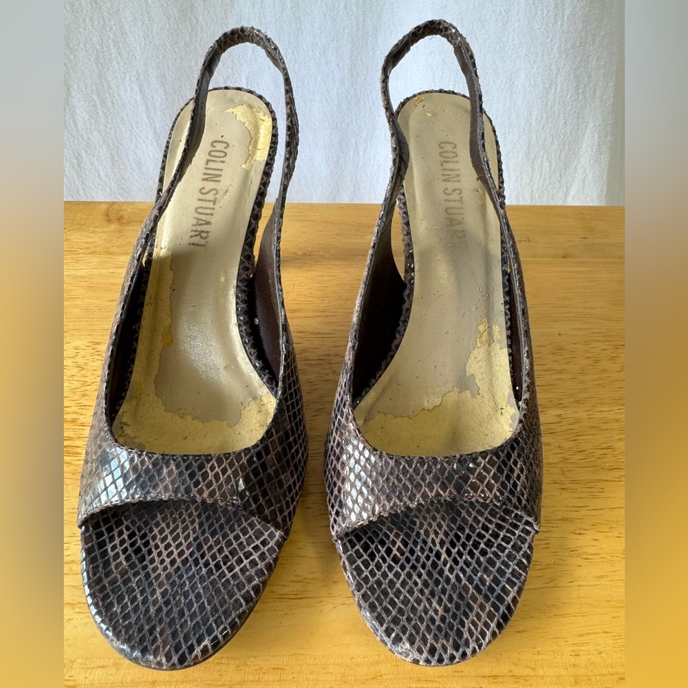 Black/Dark Brown Snakeskin Peep Toe Slingback Heels Size 7.5